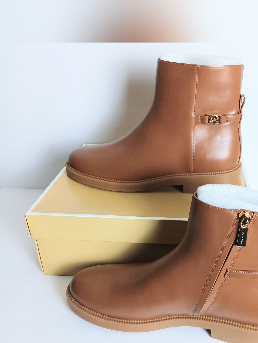 Michael Kors Women Cognac Leather Ankle Boots with Gold MK Accent